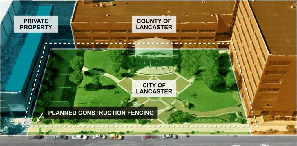 Overview of Binns Park, with property ownership boundaries and planned construction fencing listed.